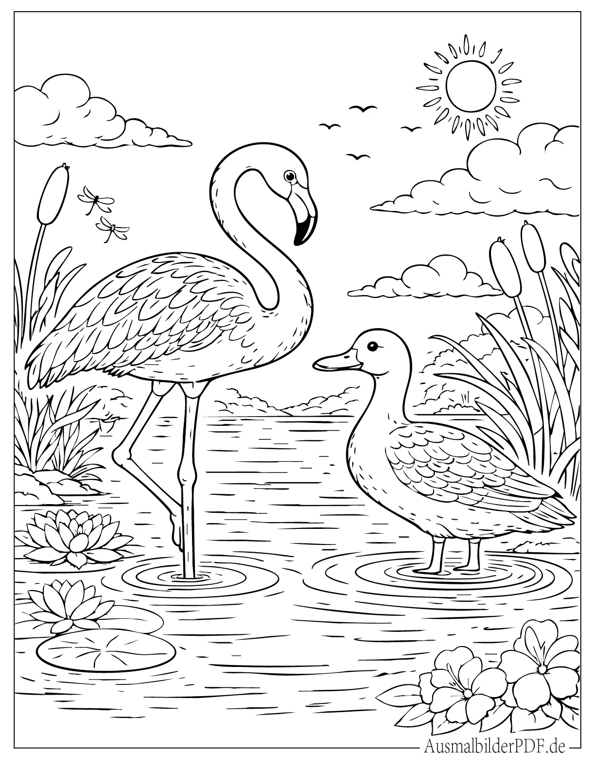 Flamingo und Ente Ausmalvorlage