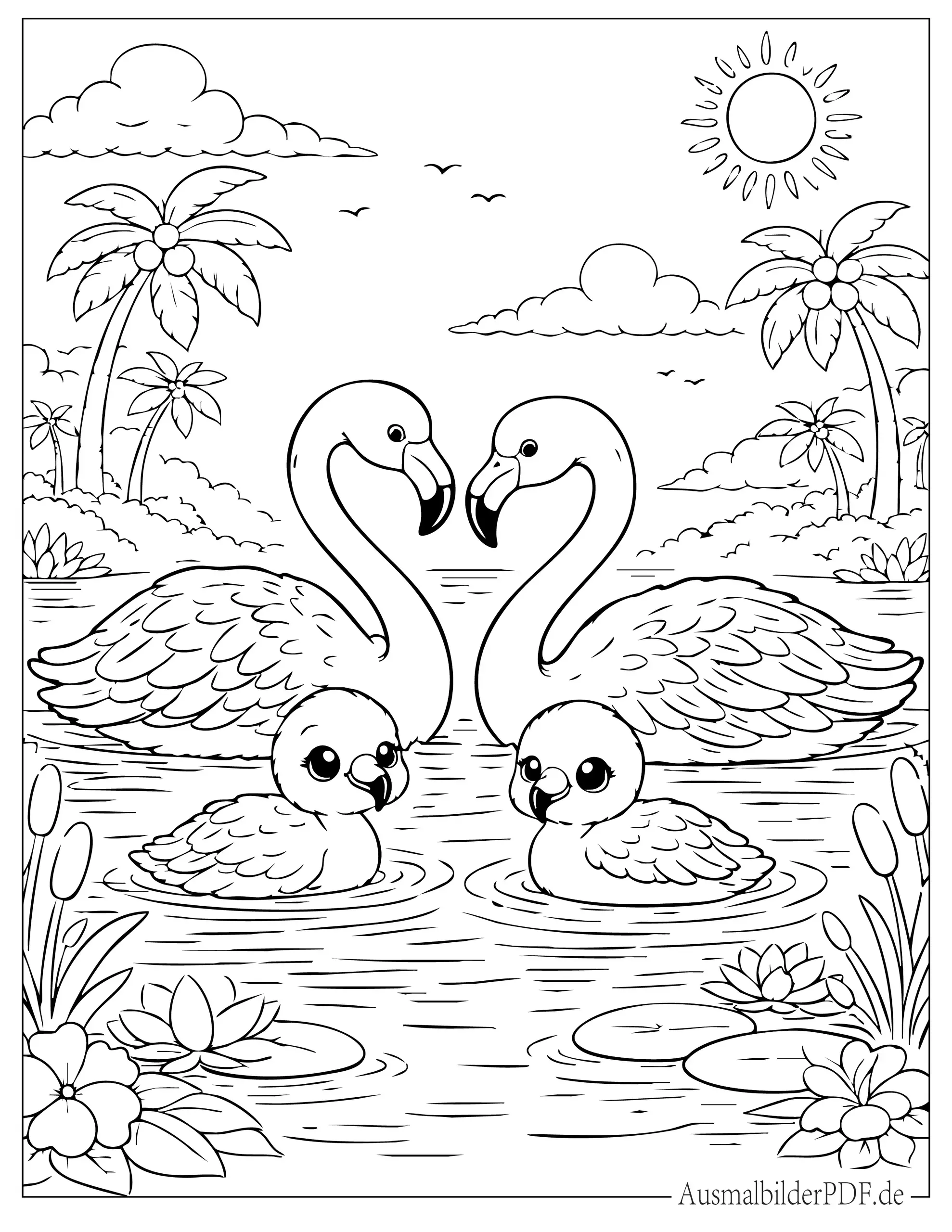 Flamingofamilie mit zwei Babys schwimmt im Wasser Malvorlage