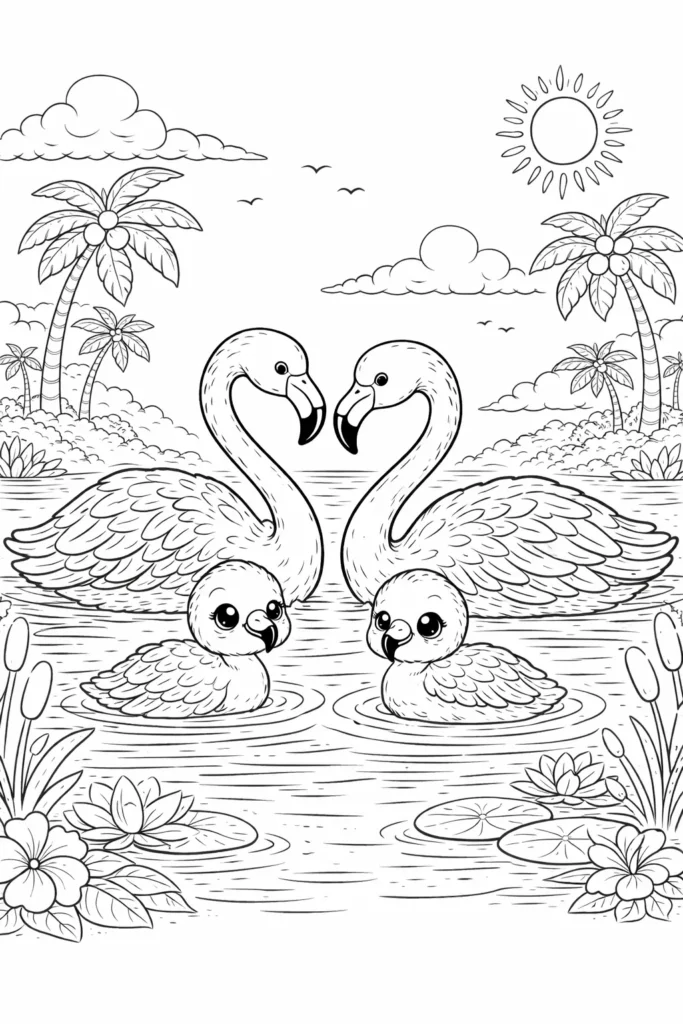 Ausmalbild einer Flamingo Familie, die im Wasser schwimmt, als kreative Malvorlage und Druckvorlage für Kinder und Erwachsene