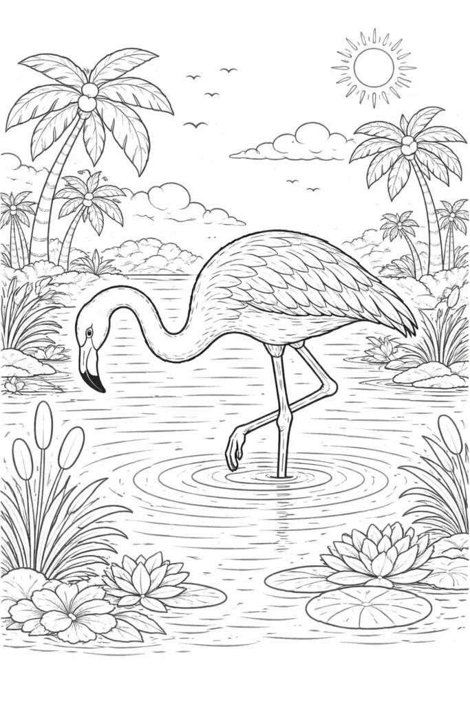Eleganter Flamingo steht im flachen Wasser auf einem detaillierten Ausmalbild für Kinder und Erwachsene