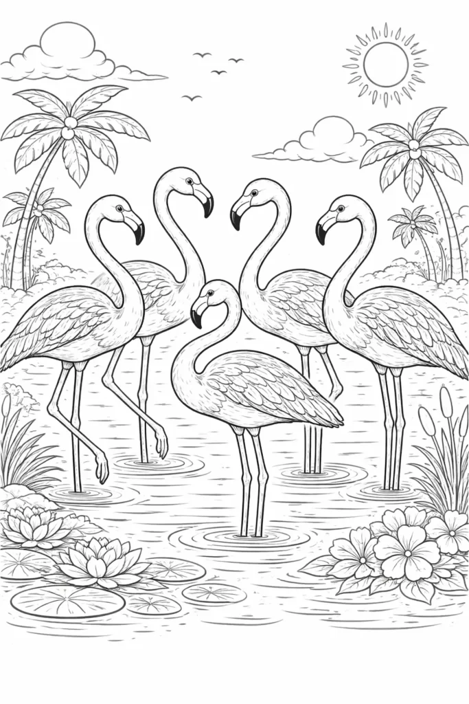 Ausmalbild mit fünf Flamingos, die zusammenstehen, als kreative Druckvorlage für Kinder und Erwachsene