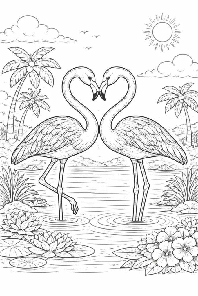 Detailliertes Ausmalbild von zwei Flamingos, die mit ihren Hälsen ein Herz formen als Malvorlage und Druckvorlage für Kinder und Erwachsene
