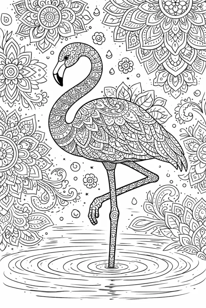 Detailliertes Flamingo Mandala Ausmalbild mit dekorativen Mustern als Vorlage und Druckvorlage für Kinder und Erwachsene