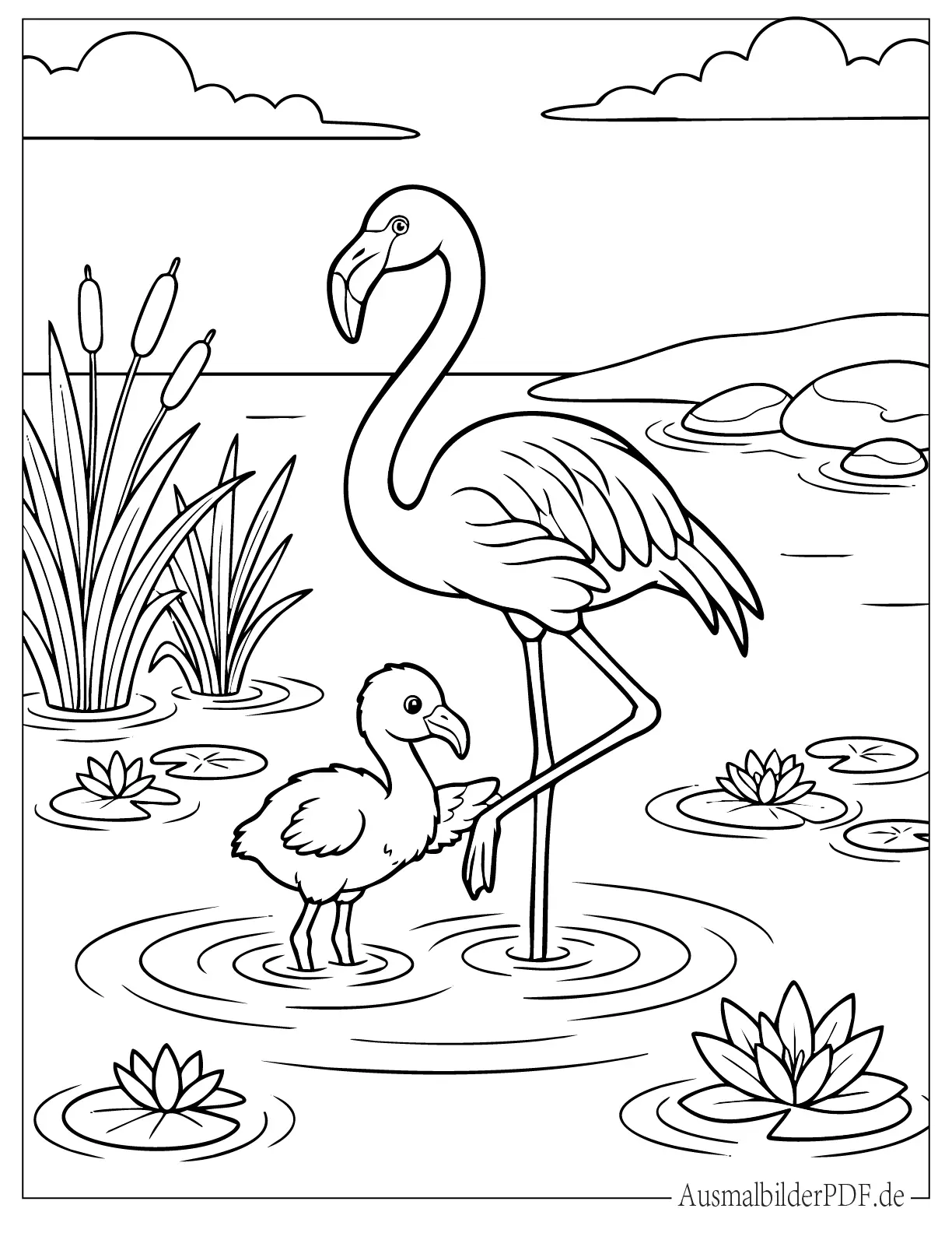 Niedliche Mutter und Baby Flamingo im Wasser zum Ausmalen
