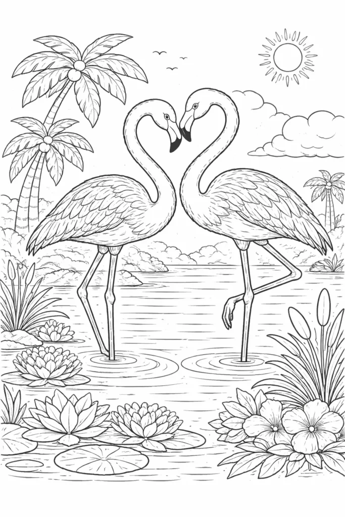 Zwei Flamingos bilden mit ihren Hälsen ein Herz auf einem tropischen Ausmalbild für Kinder und Erwachsene