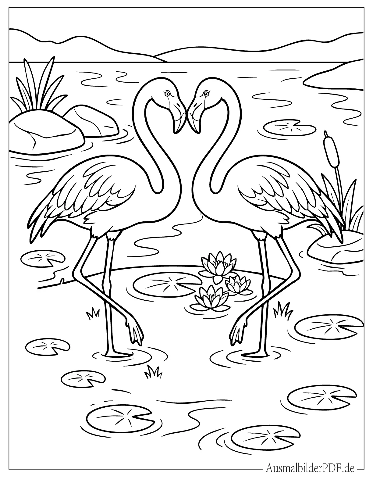 Flamingopaar formt Liebesherzform steht im See zum Ausmalen