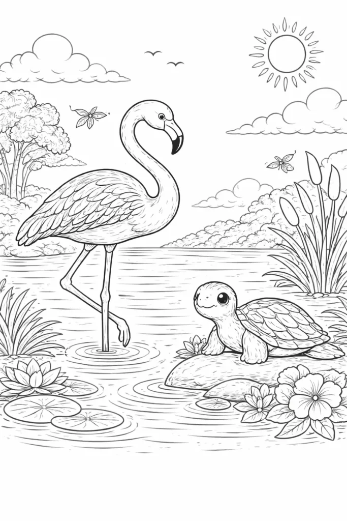 Ausmalbild mit einem Flamingo im flachen Wasser und einer Schildkröte daneben als kreative Malvorlage und Druckvorlage für Kinder und Erwachsene