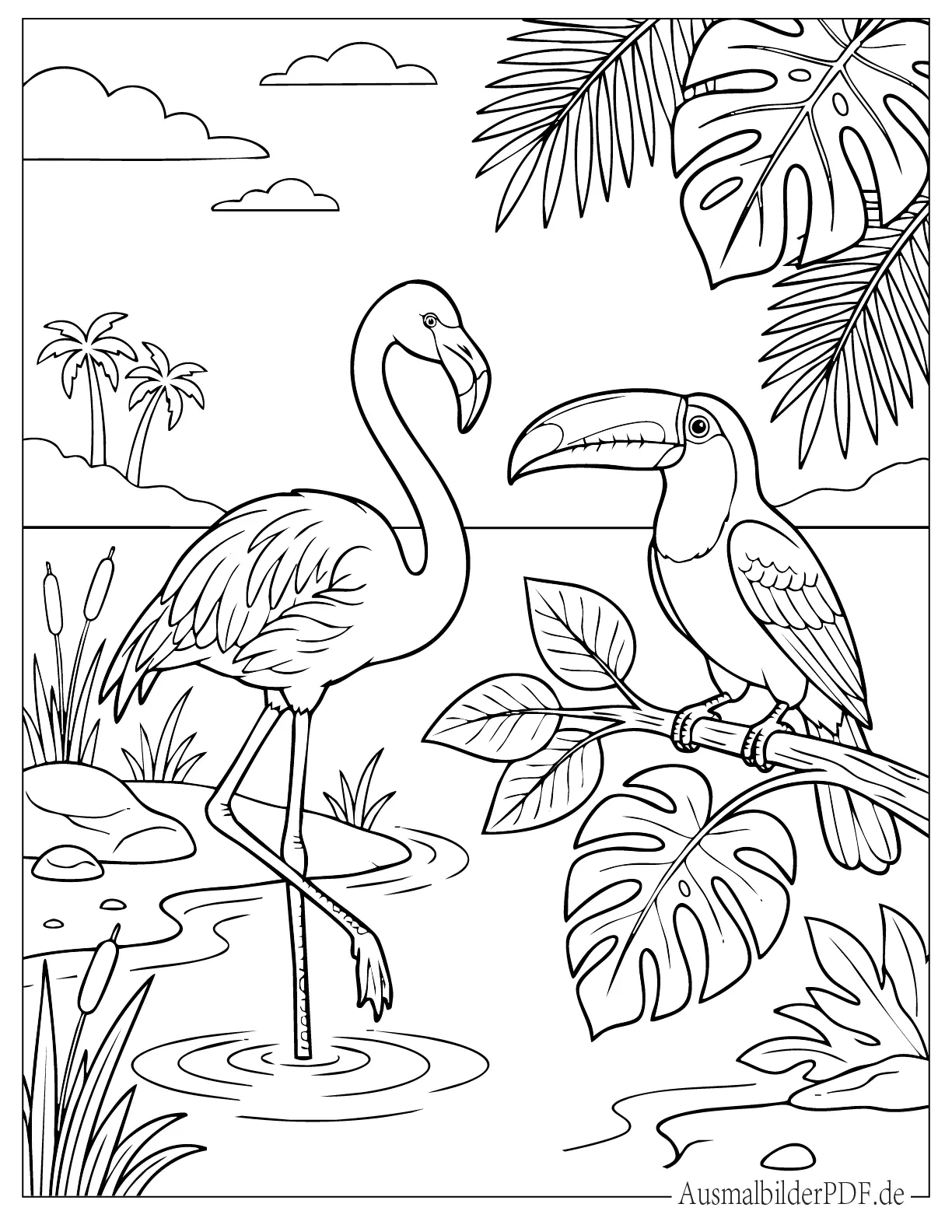 Flamingo mit Tukan sitzt auf Ast Ausdruckbare Malvorlage