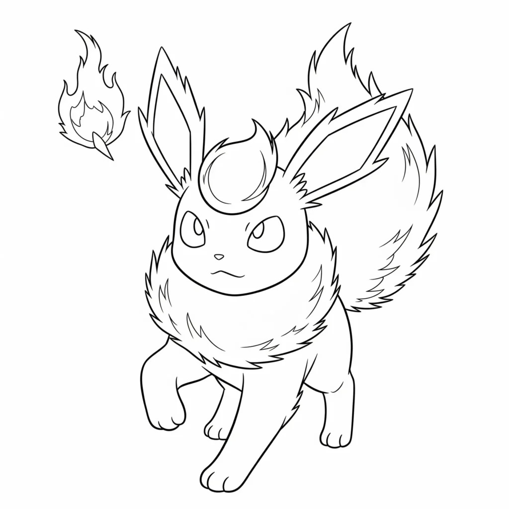 flareon evoli ausmalbild mit lodernen flammen rund um das feuertyp-pokemon – kostenlose malvorlage zum ausdrucken für kinder und erwachsene