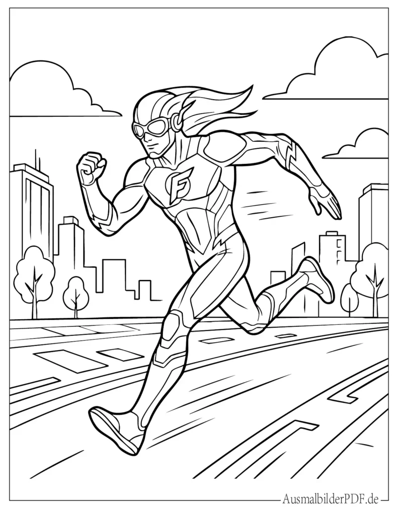 Ausmalbild von Flash, wie er rennt, ideal für Kinder zum Ausmalen und Ausdrucken 