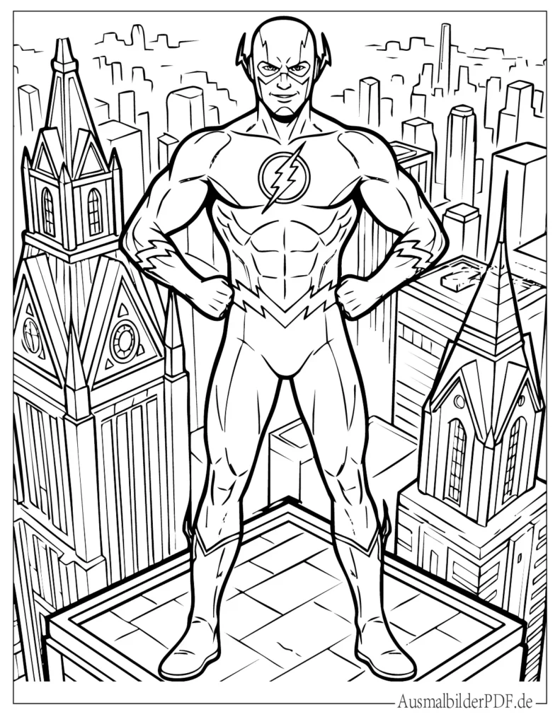 Vorlage von Flash, wie er auf einem hohen Gebäude steht, perfekt für Kinder zum Ausmalen