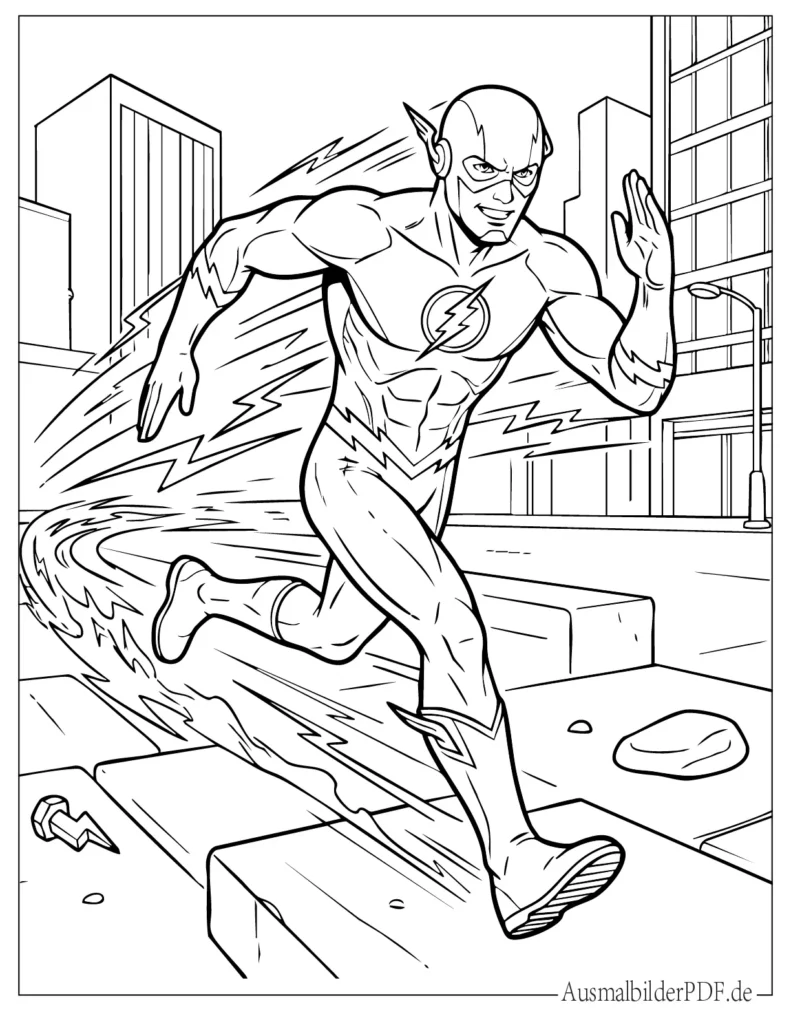 Druckvorlage von Flash beim Vollspeed, perfekt für Kinder zum Ausmalen und Spaß haben