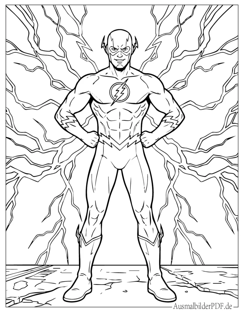 Vorlage von Flash mit leuchtenden Blitzsymbolen im Hintergrund, ideal zum Ausmalen für Kinder