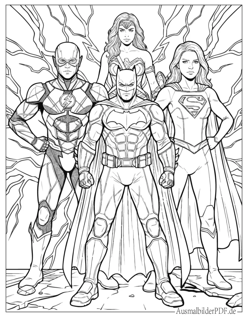 Ausmalblatt von Flash zusammen mit Wonder Woman, Batman und Supergirl, perfekt für Kinder zum Ausmalen