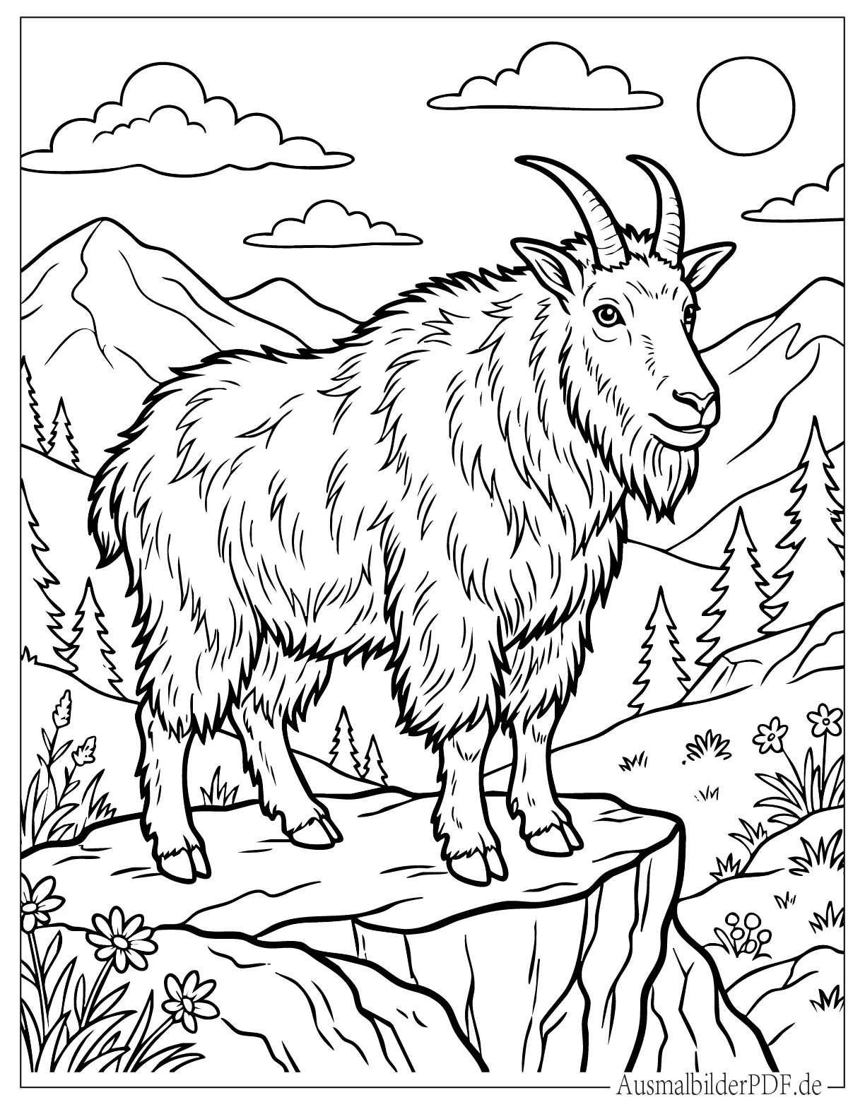 Detailliertes flauschiges Bergziegen Ausmalbild steht auf einer Klippe.