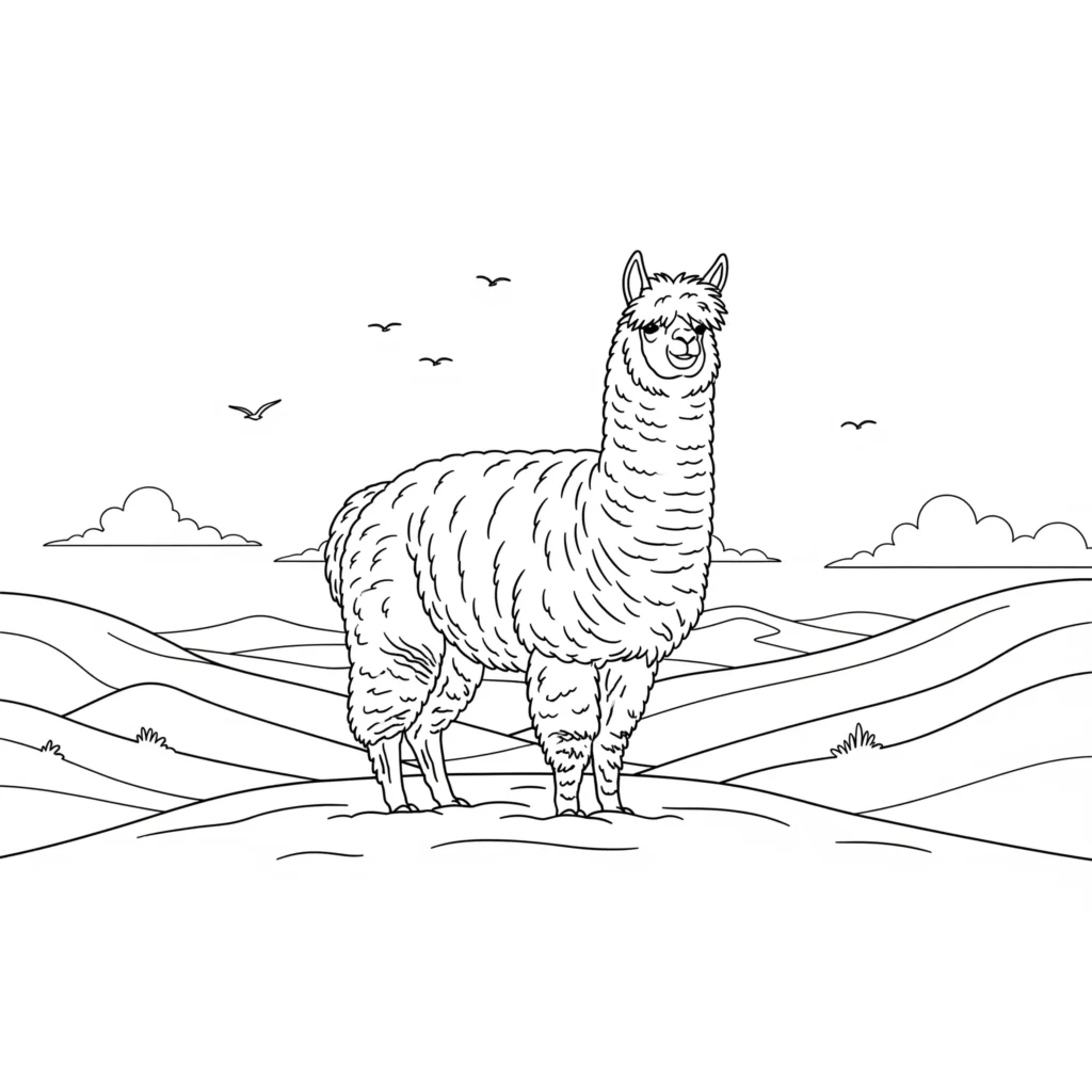 12 Alpaka Ausmalbilder (Kostenlos Malvorlage zum Ausdrucken) Flauschiges Alpaka sitzt auf einem Hügel, Malvorlage für Kinder und Erwachsene zum Ausdrucken