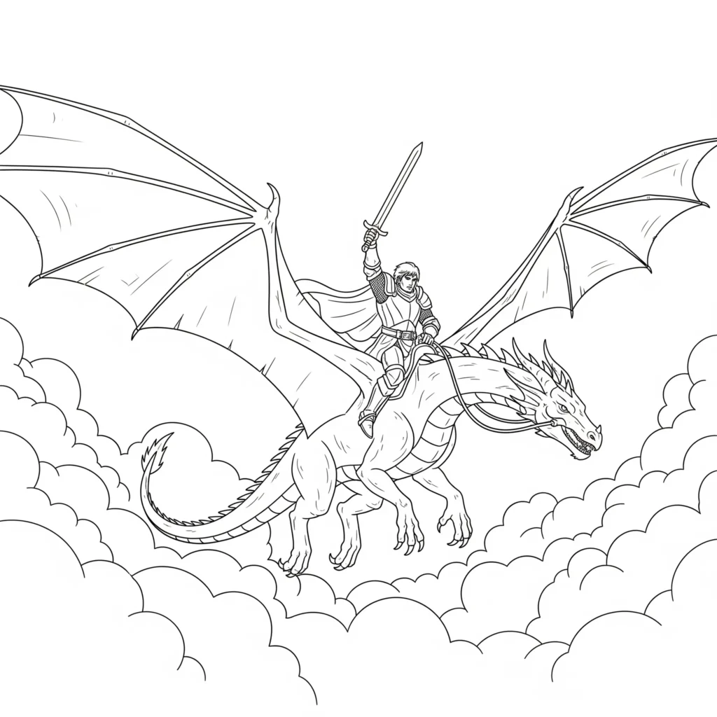 30 Drachen Ausmalbilder (Kostenlos Malvorlage zum Ausdrucken) Fliegender Drache mit tapferem Reiter zum Ausmalen und Ausdrucken