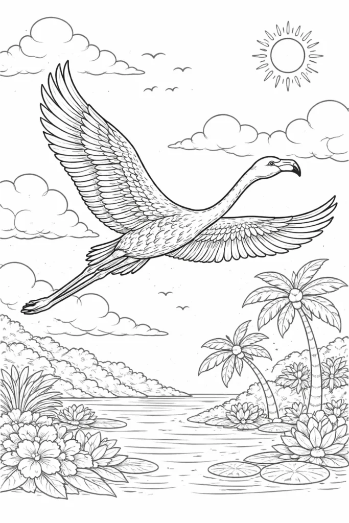Detailliertes Ausmalbild eines fliegenden Flamingos mit ausgebreiteten Flügeln als Malvorlage und Druckvorlage für Kinder und Erwachsene