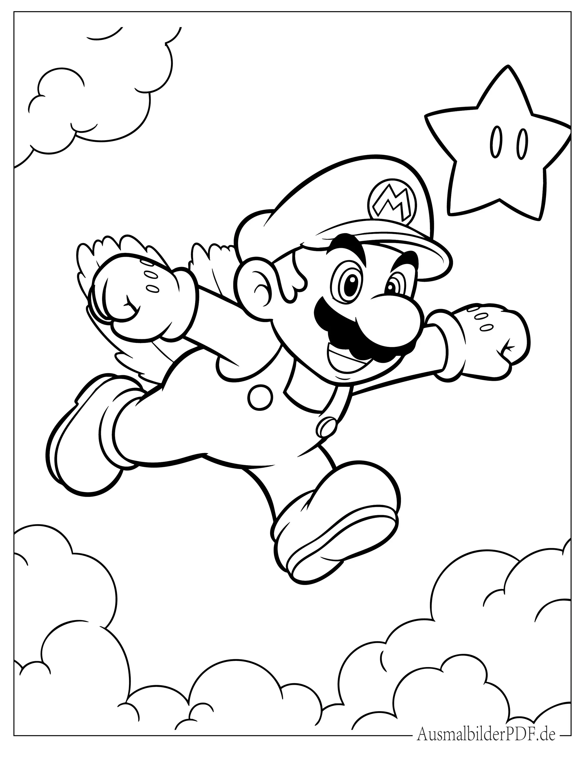 Fliegender Mario mit Stern in Wolken Ausmalvorlage