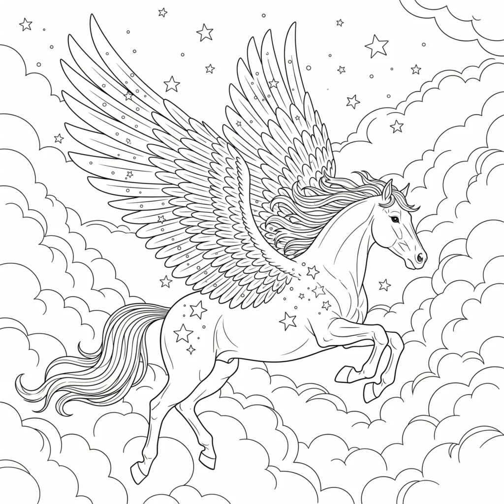 Ausmalbild eines fliegenden Pegasus mit funkelnden Flügeln zum Ausdrucken als PDF für Kinder und kreative Erwachsene