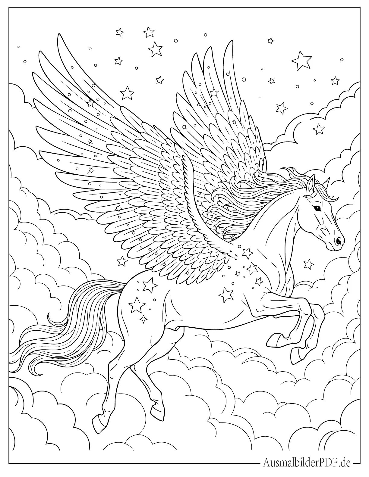 Mythischer fliegender Pegasus mit glitzernden Flügeln Malvorlage