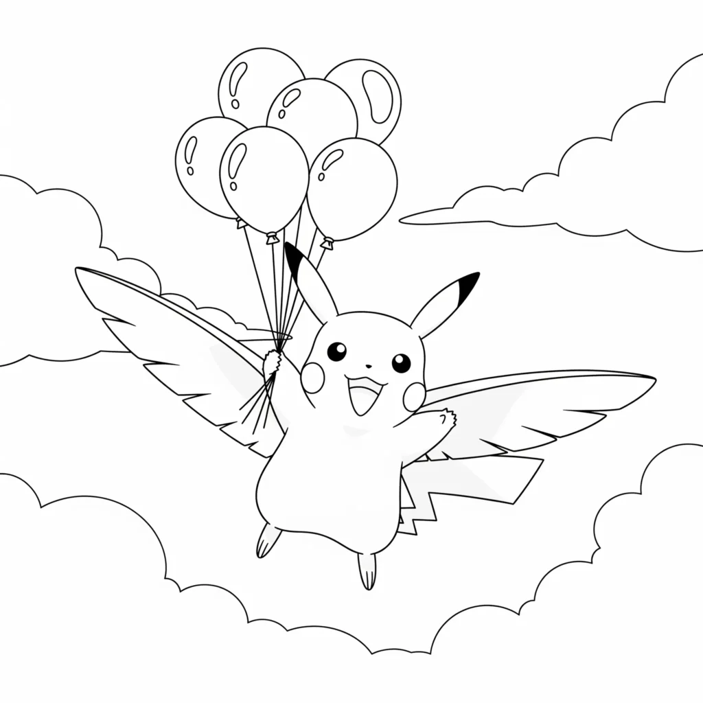 Diese Ausmalvorlage zeigt Pikachu, wie er an bunten Ballons durch die Luft schwebt – ein fröhliches Motiv für Kinder zum Ausdrucken und Ausmalen.