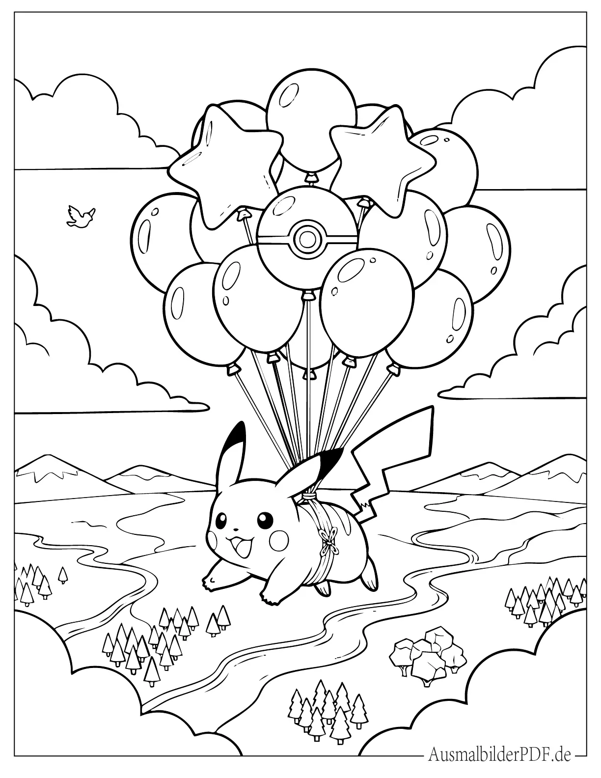 Fliegender Pikachu mit Luftballons Ausmalbild