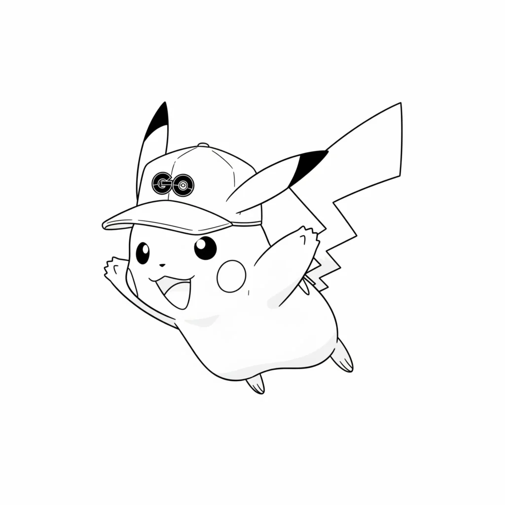 Diese Ausmalvorlage zeigt Pikachu aus Pokémon GO beim Fliegen durch die Luft – ein fantasievolles Motiv für kreative Ausmalstunden mit Kindern.