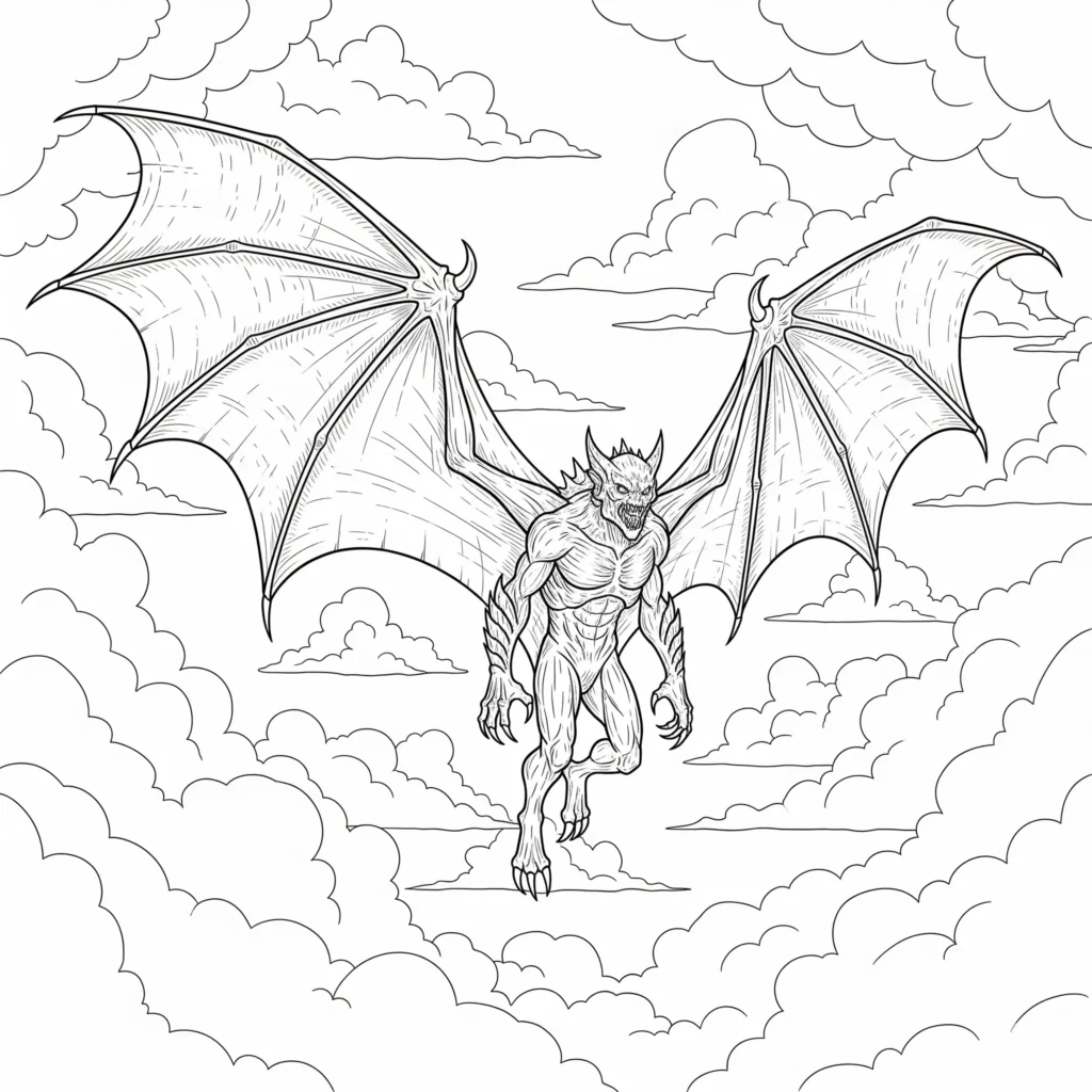 Ausmalbild eines fliegenden Monsters mit Flügeln für Kinder zum Ausdrucken und Ausmalen kostenlos