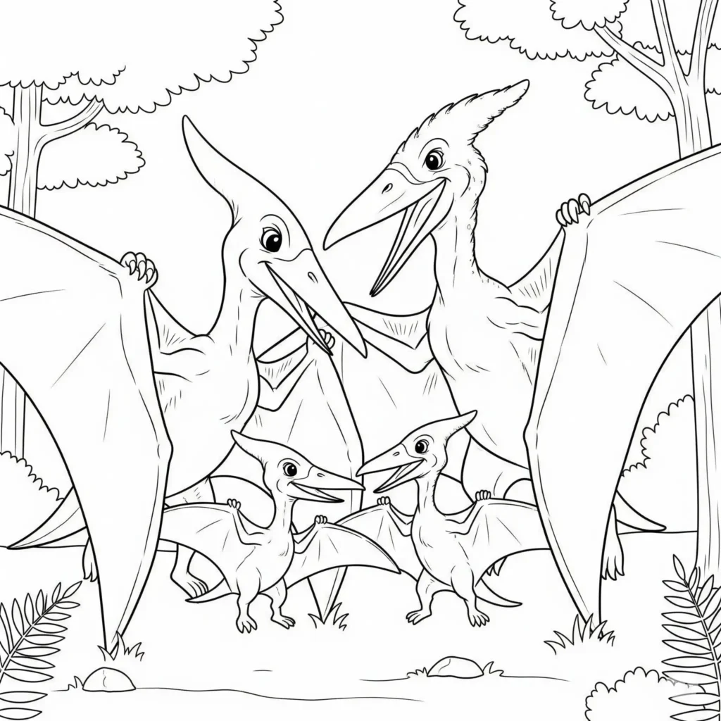 Eine Flugsaurier-Familie mit zwei Elternteilen und einem Jungtier sitzt gemeinsam auf einem Felsen