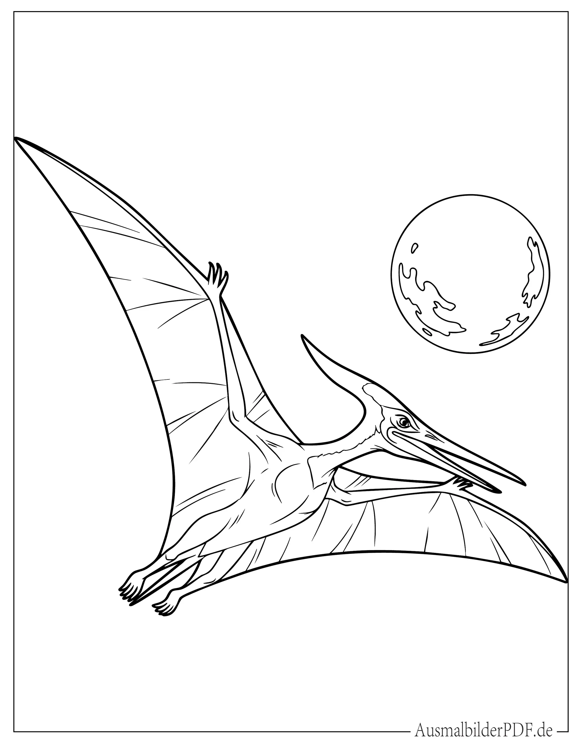 Flugsaurier Dino fliegt am Mond vorbei Malvorlage