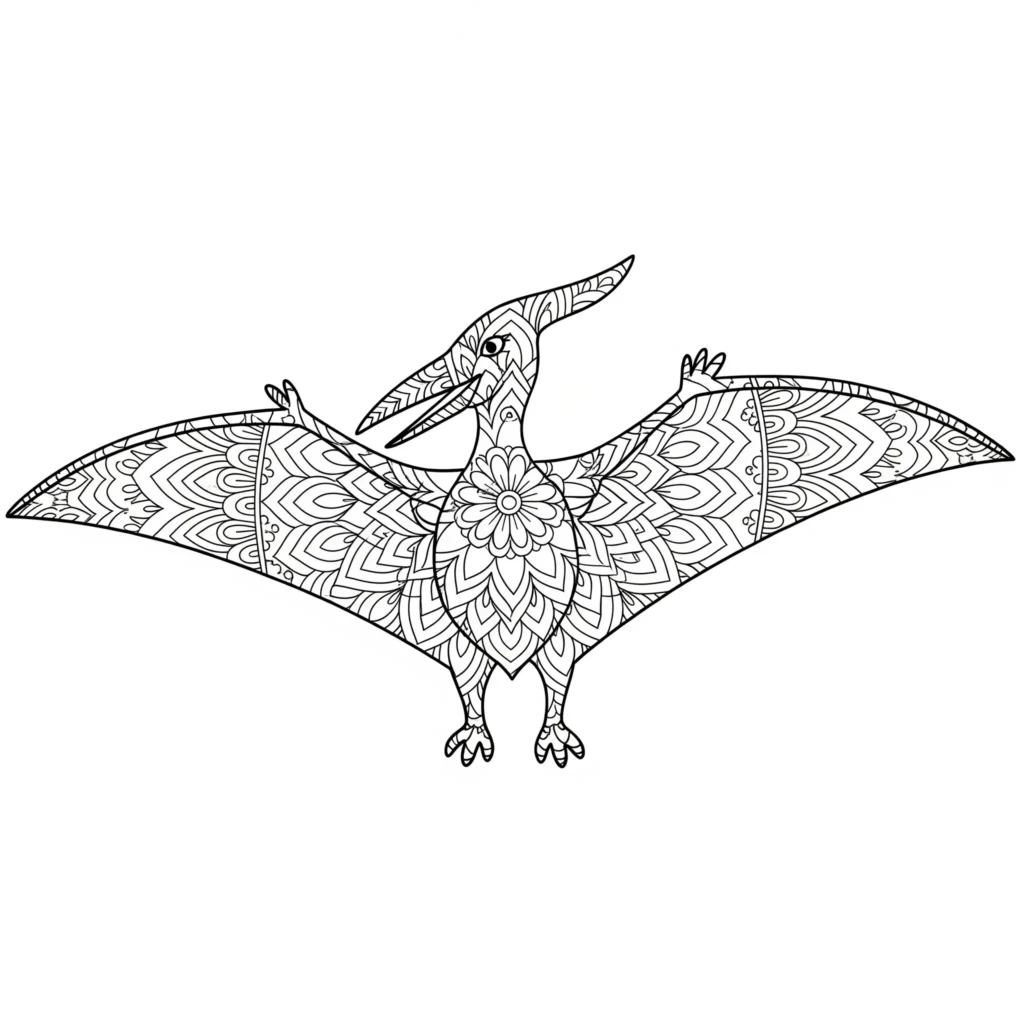 Ein stilisierter Flugsaurier mit detailreichem Mandala-Muster im Körper und in den Flügeln