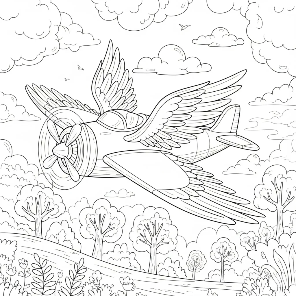 Flugzeug Ausmalbilder (Gratis Malvorlage zum Ausdrucken) Ein besonderes flugzeug mit federflügeln ausmalbild in traumhafter optik. Ideal für fantasievolle kinder zum ausdrucken.