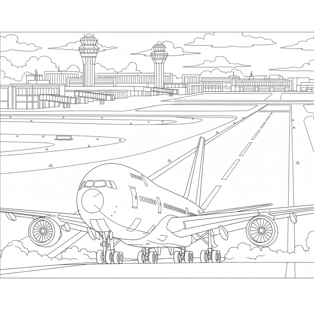 Flugzeug Ausmalbilder (Gratis Malvorlage zum Ausdrucken) ausmalbild flugzeug steht auf der flughafen startbahn bereit zum abflug, ideal zum ausmalen für kinder