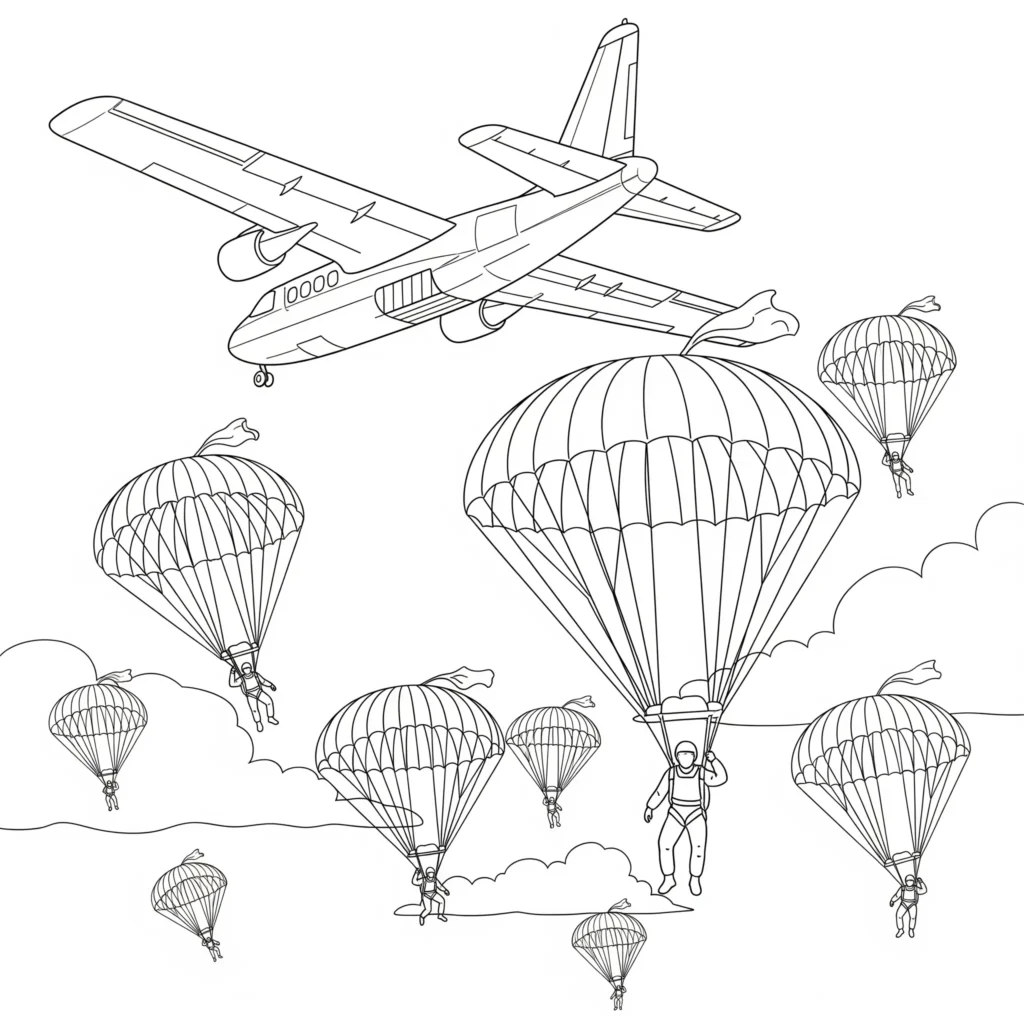 Flugzeug Ausmalbilder (Gratis Malvorlage zum Ausdrucken) flugzeug druckvorlage zeigt ein flugzeug das mehrere fallschirmspringer in großer höhe zieht, perfekt zum ausmalen für kinder