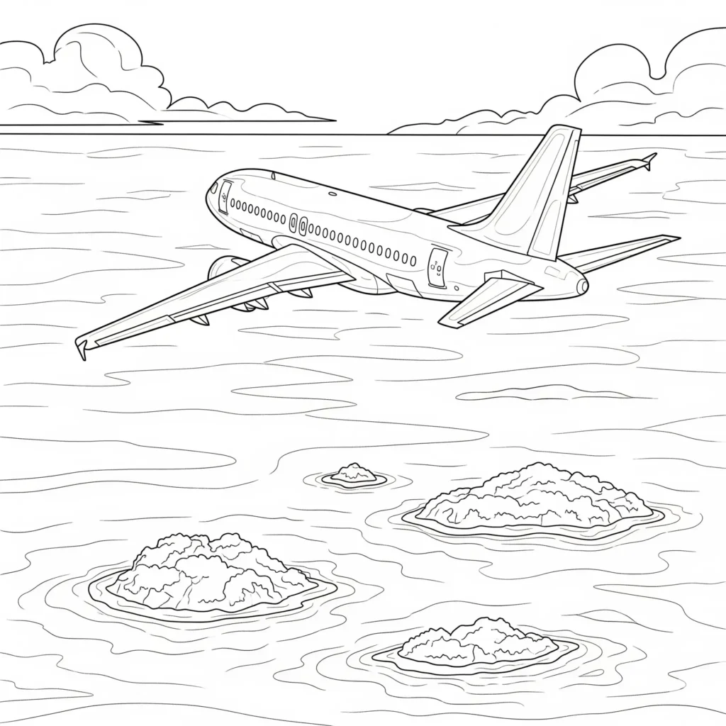 Flugzeug Ausmalbilder (Gratis Malvorlage zum Ausdrucken) flugzeug malvorlage zeigt ein flugzeug das über das blaue meer fliegt, zum ausmalen und ausdrucken für kinder geeignet