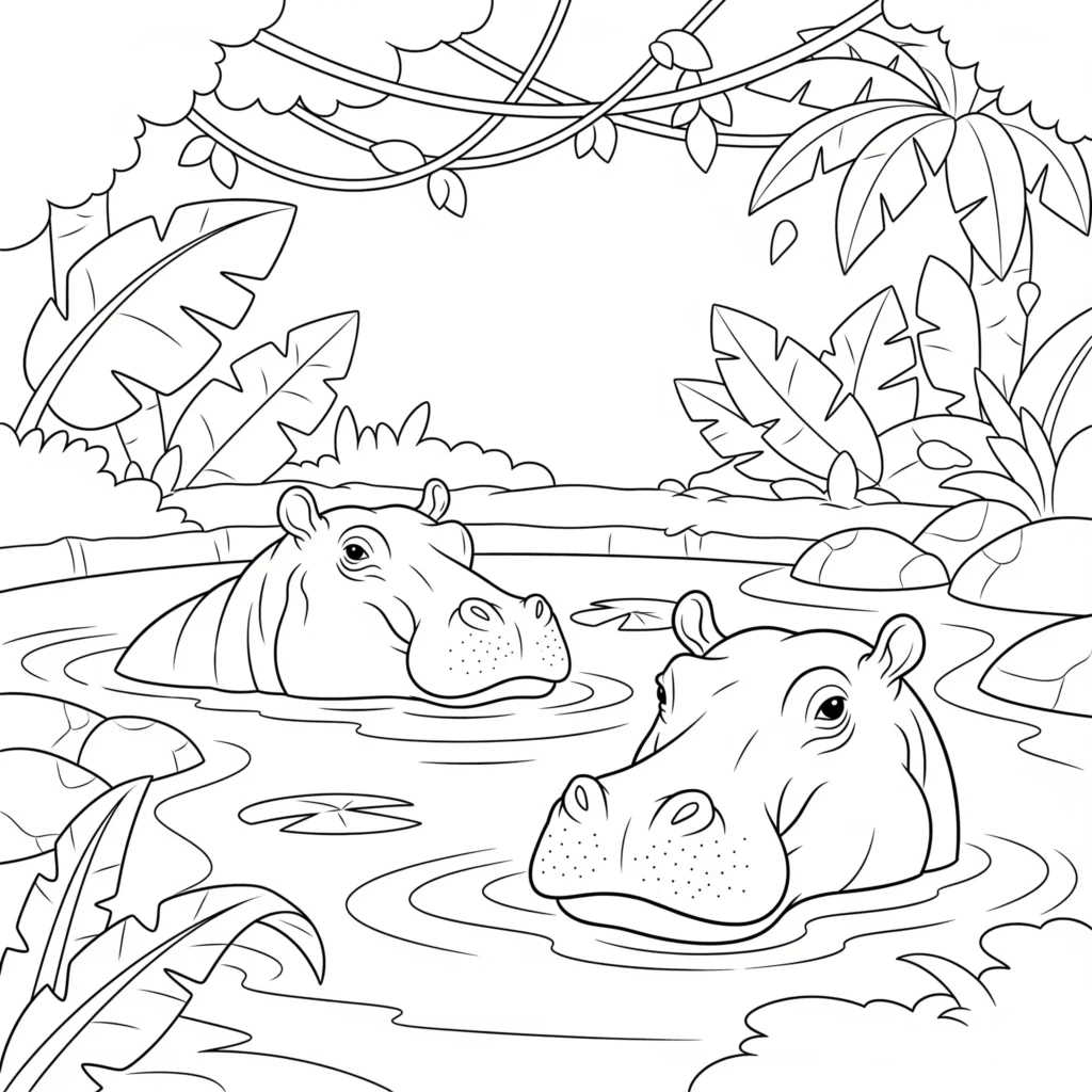 20 Dschungel Ausmalbilder (Gratis Malvorlage zum Ausdrucken) Malvorlage mit mehreren Flusspferden, die sich in einem Teich im Dschungel ausruhen, zum kostenlosen Ausdrucken für Kinder und Erwachsene