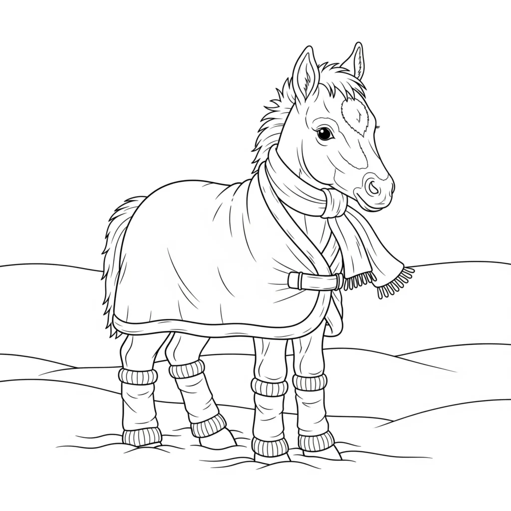 pferde ausmalbilder kinder mit einem baby pferd das warme winterkleidung traegt als niedliche vorlage zum ausdrucken und ausmalen