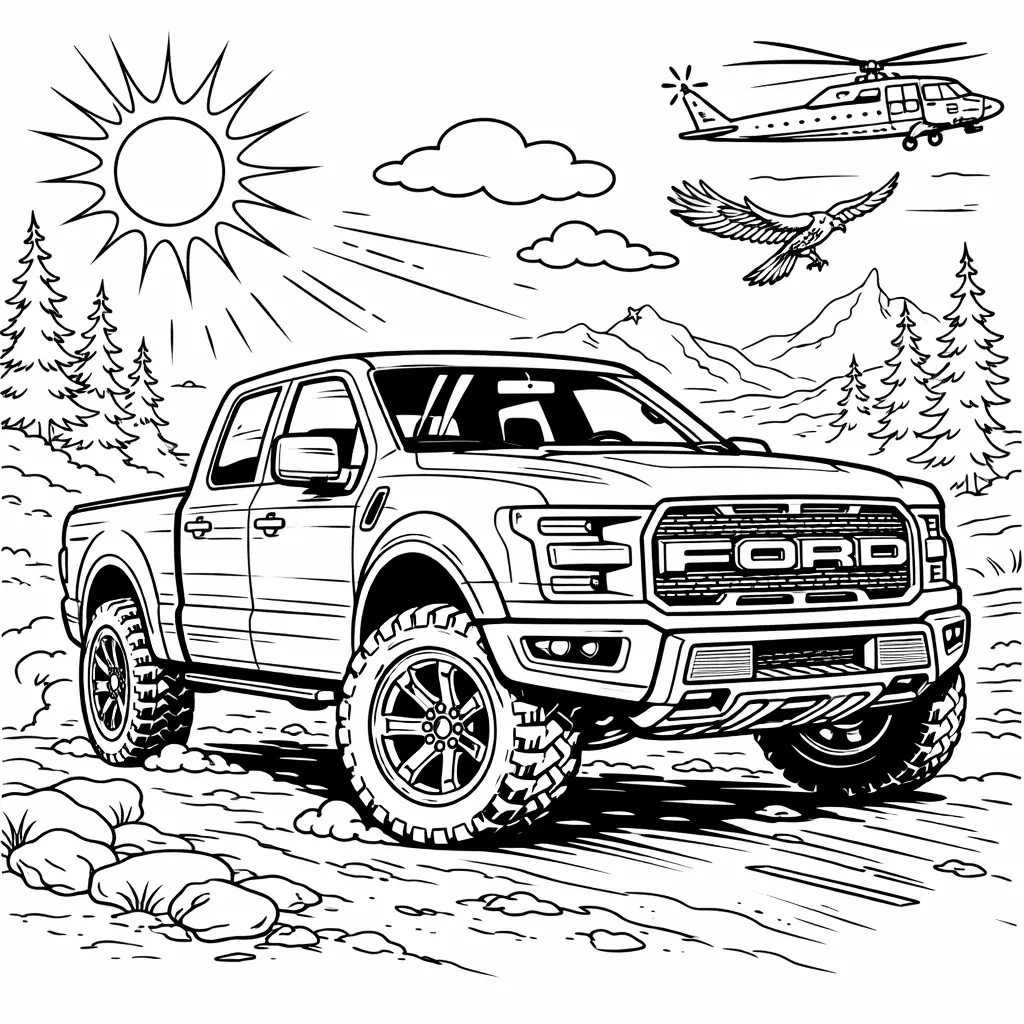 Detaillierter Ford F150 Truck in diesem Ausmalbild zum Ausdrucken für Kinder und Erwachsene als kostenlose Malvorlage