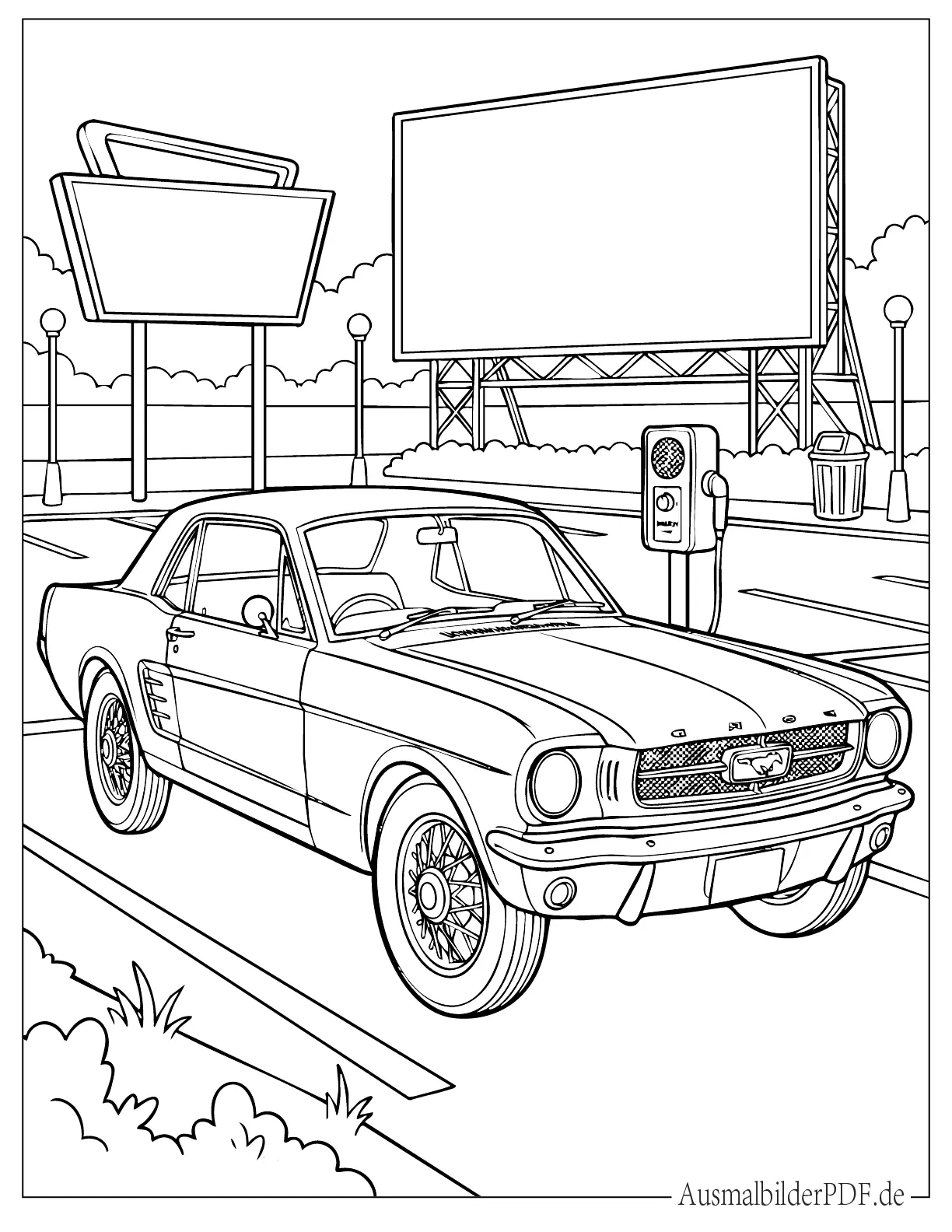 Ford Mustang 1965 Oldtimer Ausmalbild zum Ausdrucken