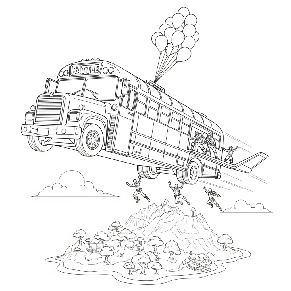 Fortnite ausmalbild zeigt den battle bus beim flug über die insel. Diese malvorlage ist perfekt für kinder und jugendliche zum ausdrucken