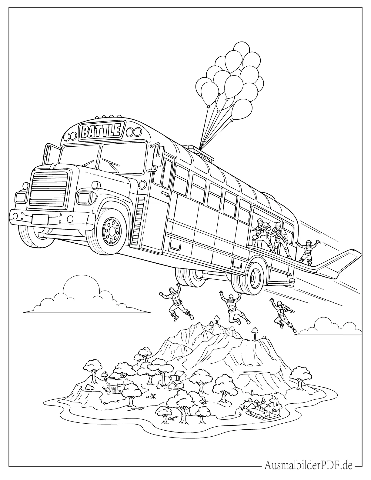 Fortnite Battle Bus fliegt über die Insel Ausmalbild zum Ausdrucken