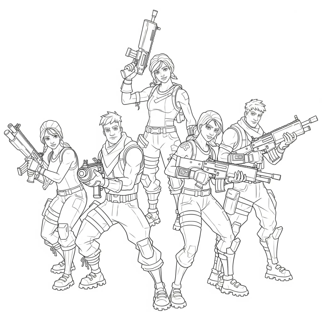 Fortnite ausmalbild kinder mit mehreren default skins in kampfpose als spannende vorlage zum ausdrucken