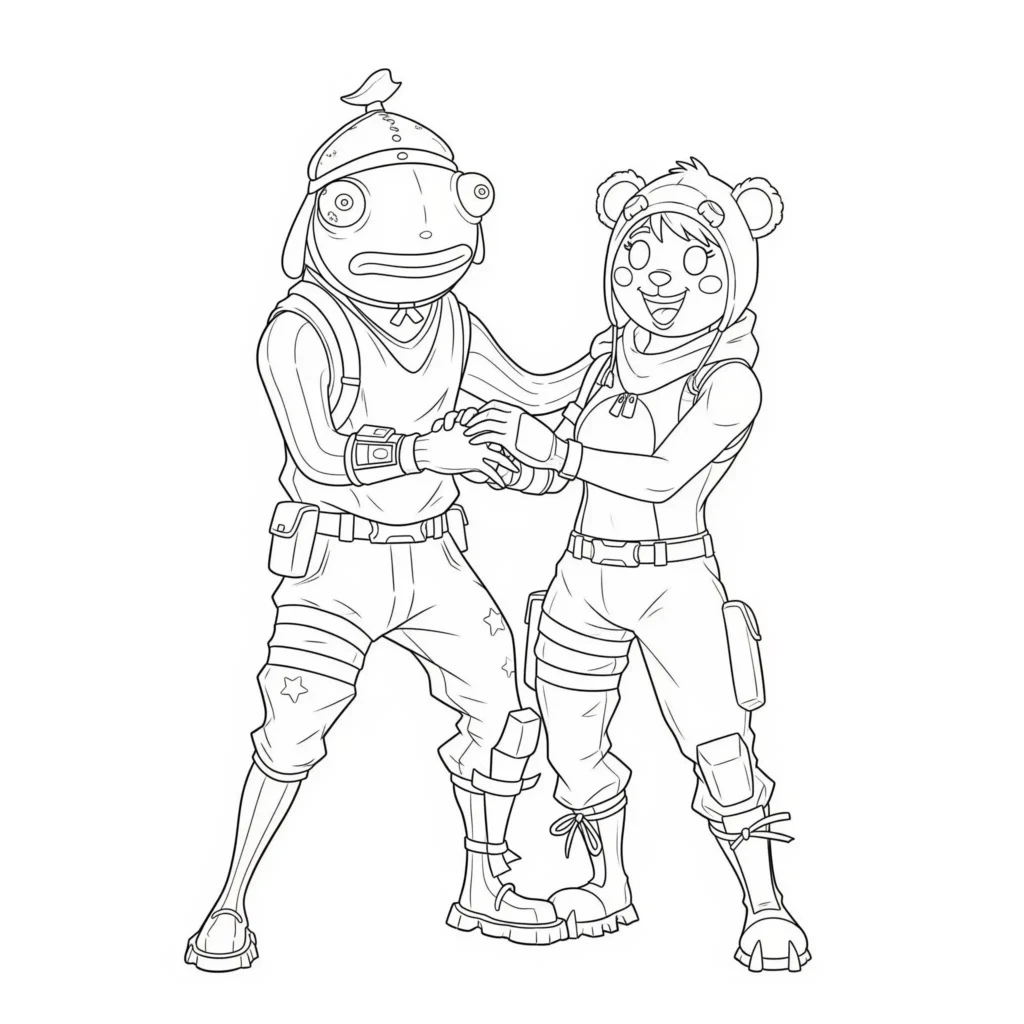 Fortnite ausmalbilder mit fishstick und cuddle team leader nebeneinander. Lustige malvorlage für kinder als kostenlose druckbare PDF