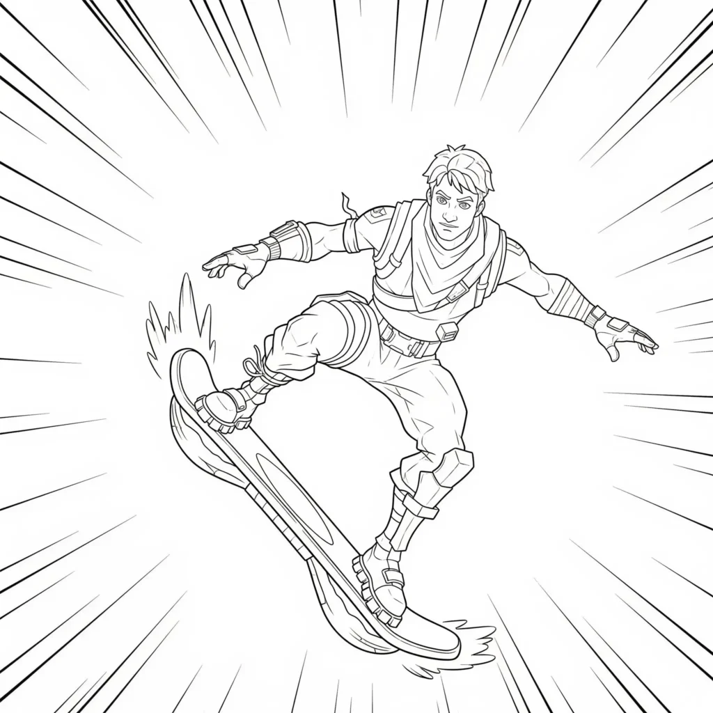 Ausmalbild eines Fortnite-Charakters, der dynamisch auf einem Hoverboard über das Gelände gleitet – perfekt für junge Fans