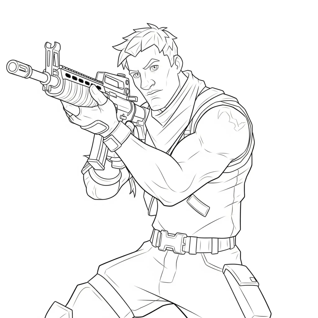 Fortnite ausmalbild jonesy hält ein gewehr und steht kampfbereit da. Ideal als kostenloses PDF für kinder oder fortnite fans