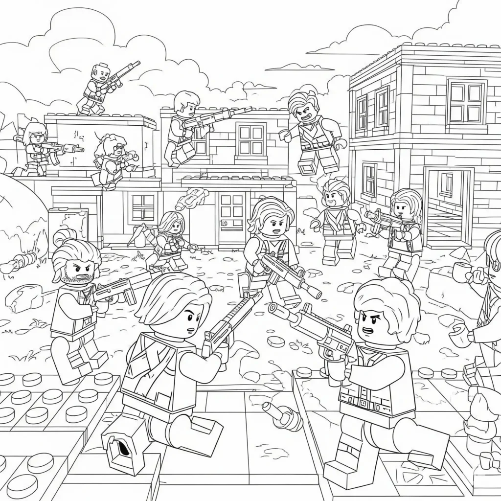 Lustiges Fortnite LEGO Ausmalbild mit detailreichen Spielfiguren – ideal für Kinder, die Bauklötze und Battle Royale lieben