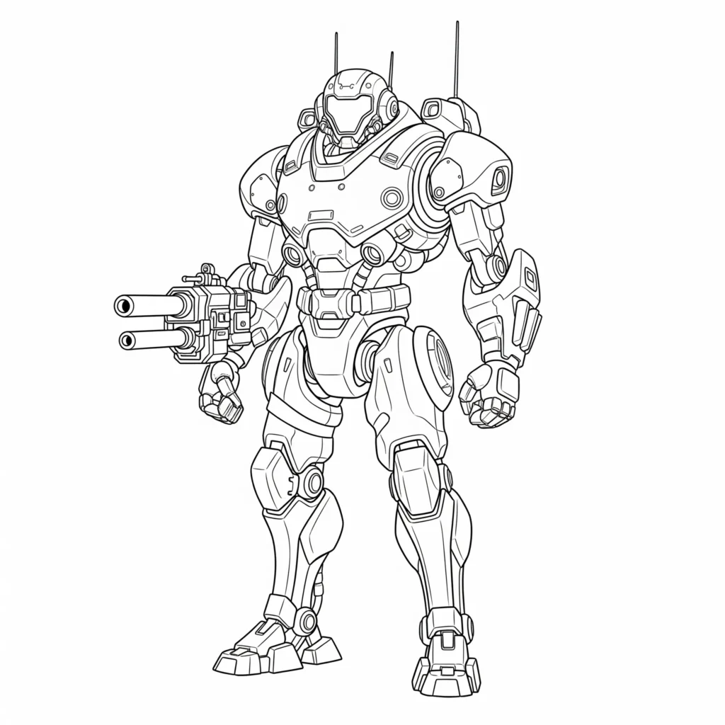 Futuristischer Mecha Team Leader aus Fortnite als Ausmalbild – gratis druckbar für Kinder und Fans