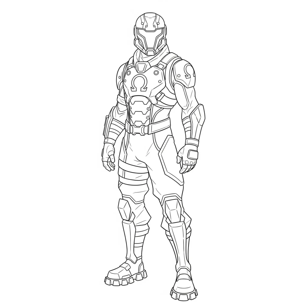 Ausmalbild des Fortnite Omega Skins – kostenlos druckbare Vorlage für Fans des Spiels