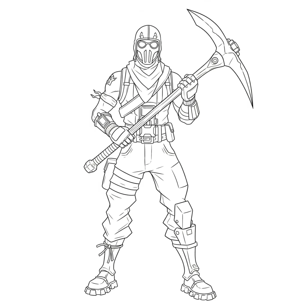 Fortnite ausmalbild kinder zeigt Renegade Raider mit pickaxe bereit zum kampf als vorlage zum ausdrucken
